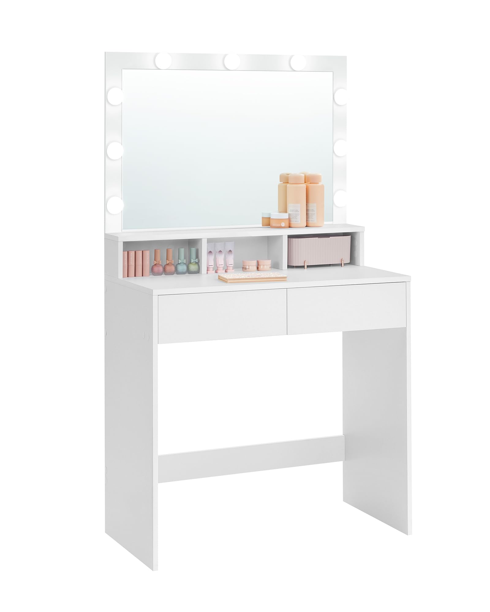 VASAGLE Vanity Desk with Mirror and Lights, Makeup Vanity with Large Mirror, LED Lights with Adjustable Brightness, Vanity Table, 2 Drawers, 3 Compartments, Modern Makeup Desk, Cloud White U