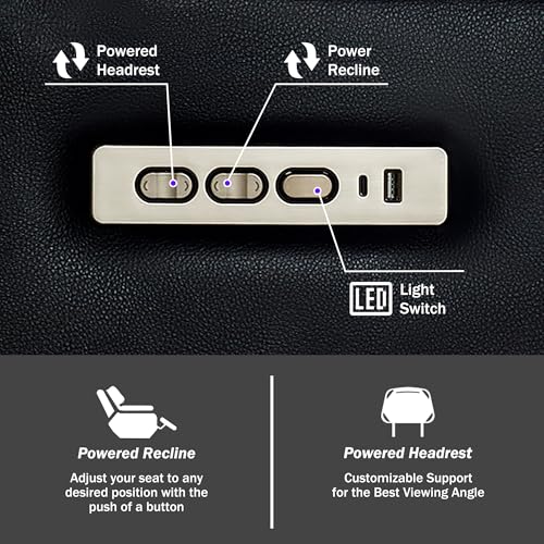 Image of GUEAPY Power Reclining Sofa Home Theater Seating with Adjustable Headrest, Breathable Leather Electric Recliner with LED Lighting, Cup Holders, USB Charging & Tray Table