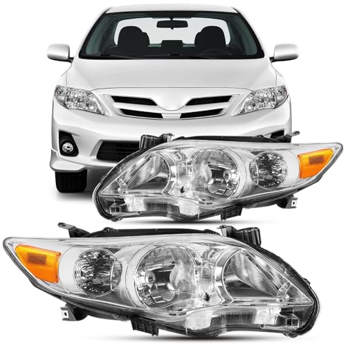 Headlights Assembly Set North America built Models For 2011 2012 2013 Toyota Corolla CE LE S L Replacement Headlamps Driver and Passenger Side Chrome Housing Clear Lens Amber Corner(LH&RH)