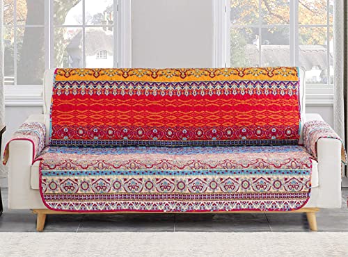 Flower Furniture Protector with Non-Slip particles,Bohemian Sofa Cover Slipcover with Strap Seat for Pets Kids,Soft Microfiber Sofa Protector with Strap Seat,2 Seater (sitting area 116cm)