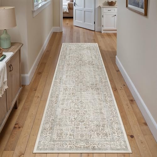 Taupe Runner Rug 2x7 Hallway Machine Washable Kitchen Vintage Distressed Non Slip Long Carpet Indoor Retro Floral Bedroom Accent Throw Rug for Bathroom Office Laundry Dining Living Room