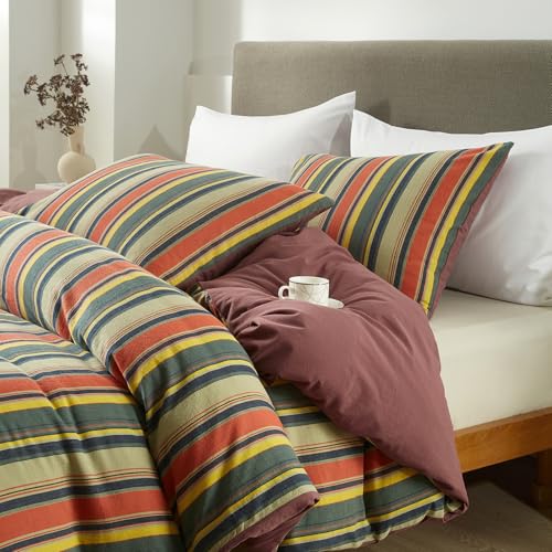 Image of VM VOUGEMARKET Multicolor Striped Duvet Cover Queen Size Washed Cotton Stripes Bedding Duvet Cover Set - Cozy Boho Stylish Bedding Set for Men & Women