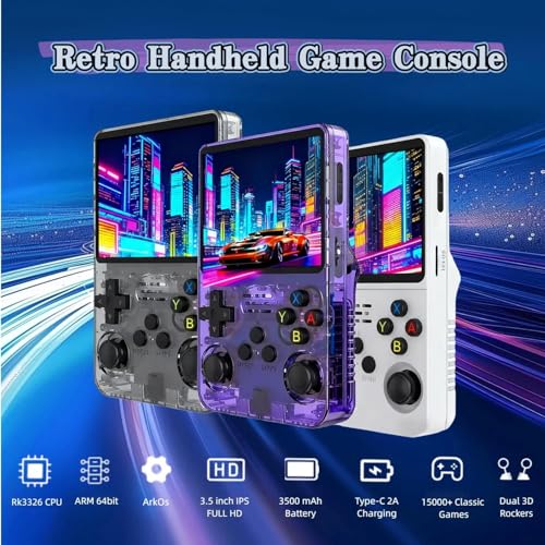 Image of PLUSPOINT R36S Portable Handheld Game Console (64GB) with 18000+ Retro Classic Preloaded Video Games, 3.5 Inch IPS Display,Rechargeable Battery , Pocket Arcade Gaming Device (White)