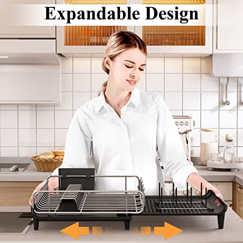 Dish Drying Rack, Kitchen Counter Dish Drainers Rack Expandable(16.9" To 26.8"), Auto-Drain Drainboard Stainless Steel Large Strainers Drying Rack With Pan Holder Utensil Holder Caddy Organizer, Black #TOP6