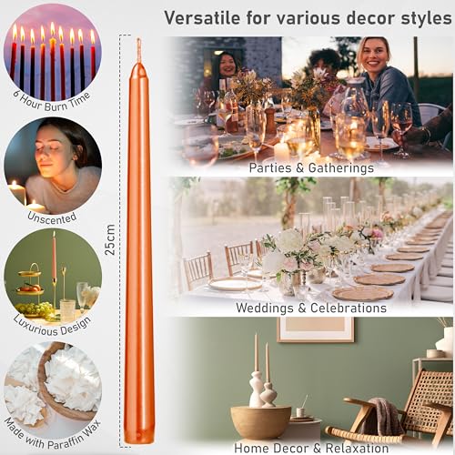 DECO EXPRESS Candles Set, Pack of 6 Classic Dripless Tapered Metallic Dinner Candles, Unscented with 8 Hours Burning Time - Image 2