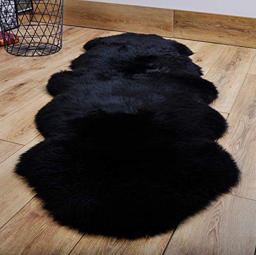 Huahoo Black Sheepskin Rug Double Pelt Natural Fur Rugs Blanket Seat Covers -2Ft X 6Ft Genuine Sheepskin Rug For Kids Bedroom Sofa Chair Cover Seat Cushion Pad Pets Dogs Mat #TOP1