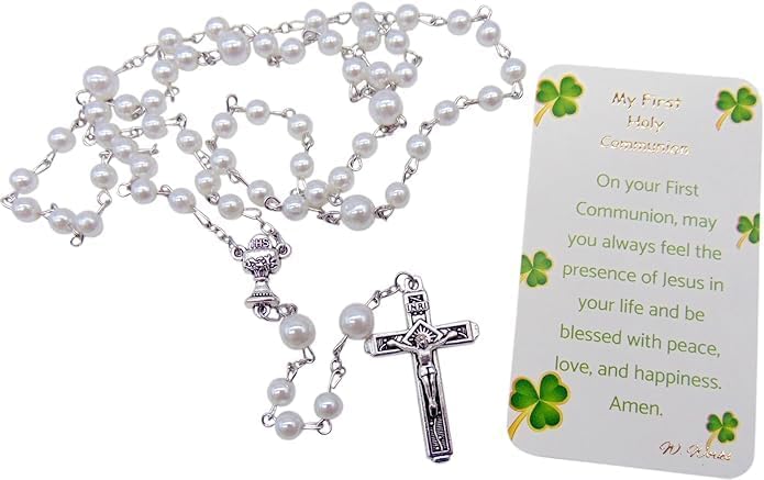 Westmon Works Girls Irish First Communion Rosary Set Glass Beads and Metal Crucifix with Holy Prayer Card in Gaelic and English