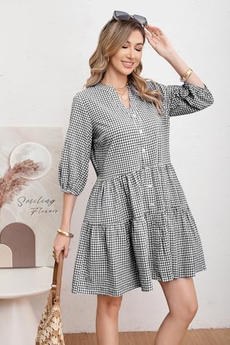 Image of utcoco Women's 2026 Spring Summer Plaid Shirt Dress 3 /4 Puff Sleeve Button Down Loose Casual Midi Dress with Pockets