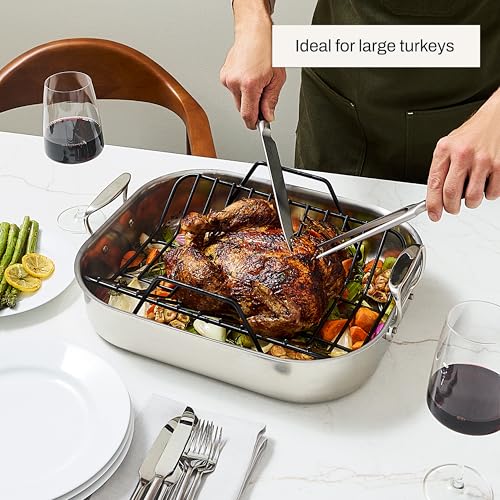 Image of All-Clad Specialty Stainless Steel Roaster and Nonstick Rack 16x13x5 Inch Oven Broiler Safe 600F Roaster Pan, Pots and Pans, Bakeware, Turkey, Silver (Pack of 2)