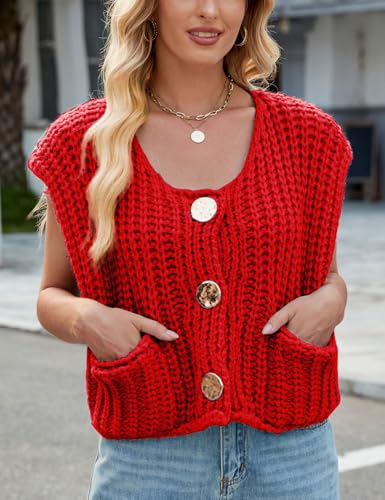 Image of CHARTOU Women Chunky Knit Vest Button Down Sleeveless Sweater Tank Tops Going Out Outfits
