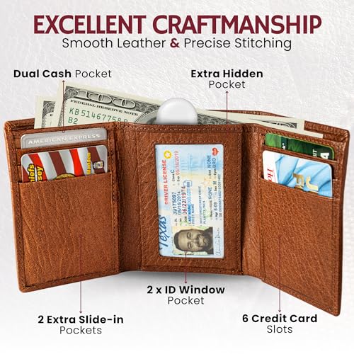 Image of BULL GUARD RFID Genuine Leather Trifold Wallets for Men ID Window, Secret Pocket, Adventure Brown - Wild Buffalo Brown, Classic Trifold Size, Trifold Rfid Wallet