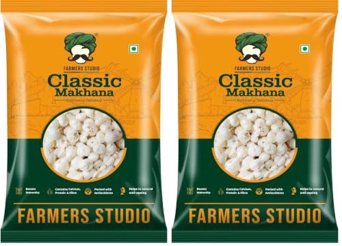 Image of Farmers Studio Naturally Grown Makhana 200 g | Mix Foxnuts | Low‑Fat, High‑Fiber Superfood Snack | Gluten‑Free & Antioxidant‑Rich (Pack of 2)
