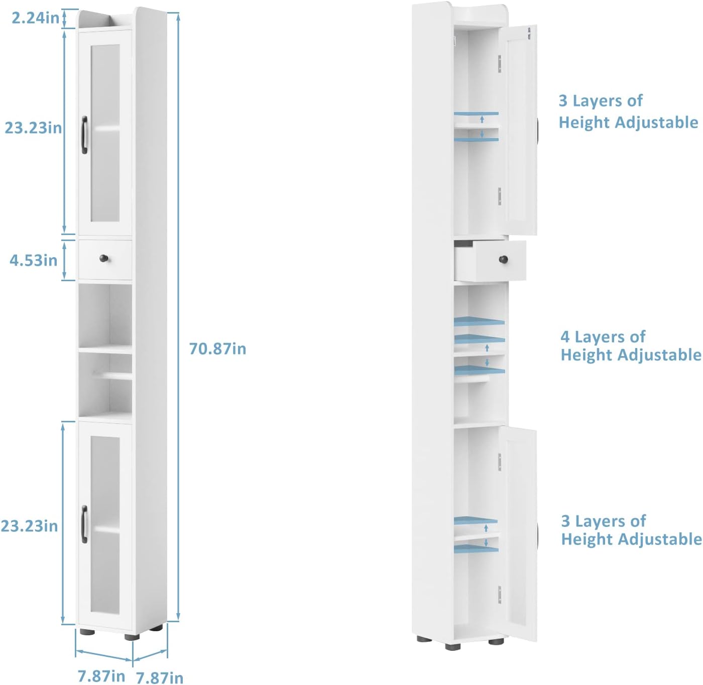 Maupvit Bathroom Storage Cabinet with 2 Frosted Glass Doors, Tall Narrow Storage Cabinet with Doors and Shelves Adjustable, Slim Bathroom Cabinet for Small Spaces, 8 Compartments (White)