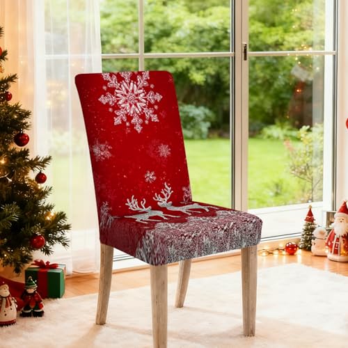 Image of Nuxovilar 6PCS Deer Snowflake Red Stretch Chair Covers 23.6x70in | Holiday Slipcover Festive Protector Snowflake Wrap Seat Guard Dining Room Family Dinner Gathering (Snowy Deer)