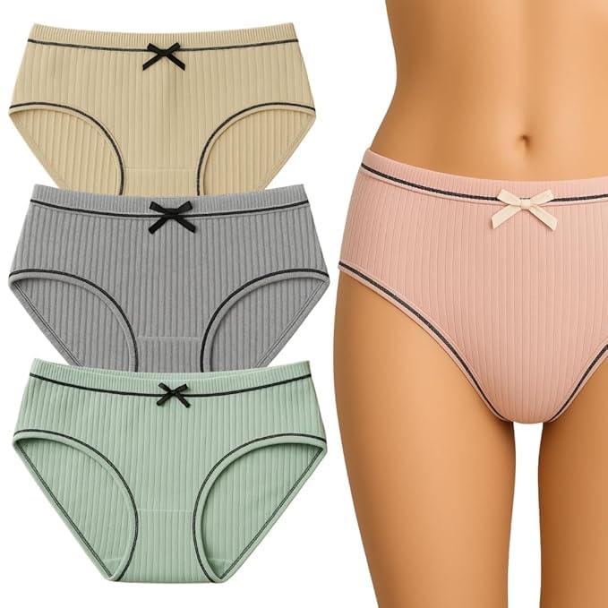 louryn koulyn Women’s Mid-Waist Cotton Panty – Soft Breathable Ribbed Underwear with Bow & Contrast Stitch (Multicolour)-picture-16