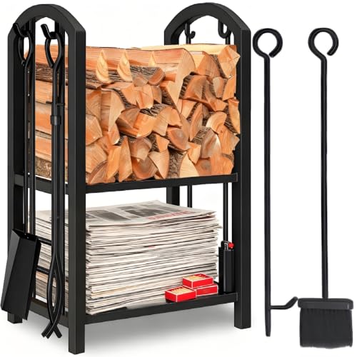 Amagabeli Fireplace Log Rack with 4 Fireplace Tools Wrought Iron Firewood Holders Indoor Wood Stove...