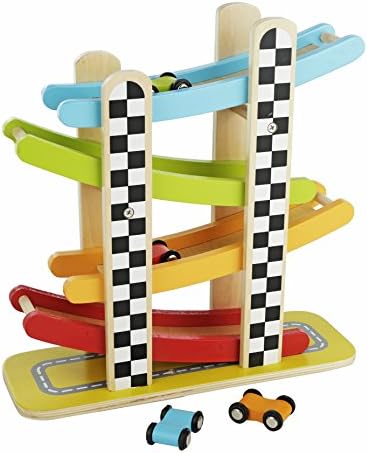 Colorful Wood Race Track Ramp with 4 Wooden Race Cars - Solid Wood Educational Baby Toy for Toddler Boys and Girls Age 18-24 Months, 2 Years and Up - Classic Early Development Vehicle Playset Toy