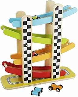 Colorful Wood Race Track Ramp with 4 Wooden Race Cars - Solid Wood