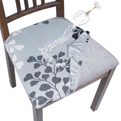 Image of SearchI Water Repellent Seat Covers for Dining Chairs, 4 Pack Jacquard Stretch Dining Room Chair Seat Covers, Kitchen Chair Seat Covers Protectors(Grey Foliage)