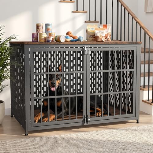 Heavy Duty Dog Crate Furniture 48In Indestructible Cage for High Anxiety Dogs with Wooden Table for Indoor Decorative Escape-Proof Locks & Double Door for Medium Large XL Dog Rustic Brown