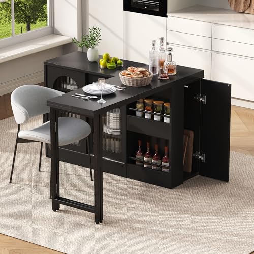 A ALFRESCOOL Mesa de bar extensible, giratoria 360°, aparador, mesa reversible con puerta de armario, espacio de almacenamiento, mesa de bar para cocina, muebles de café, 121,5 x 40 x 76,7 cm (negro)