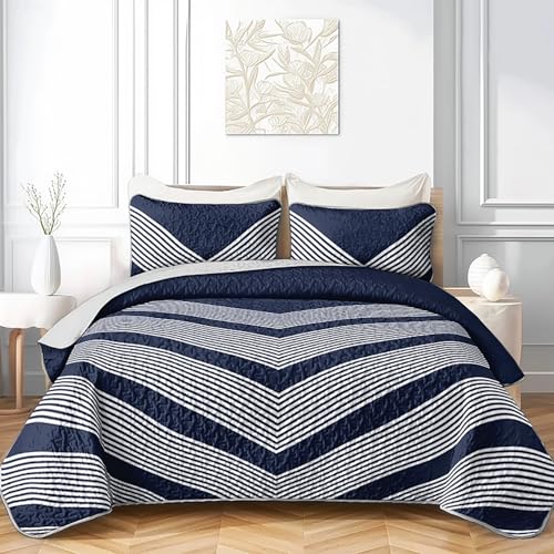 Axolotl Navy Blue Quilt Queen,White and Blue Striped Bedspreads,Abstract Bed Summer Quilt Lightweight Bedspread,Geometric Stripe Coverlet for Women Girls,All Season - 3 Pieces (1 Quilt,2 Pillow Shams)
