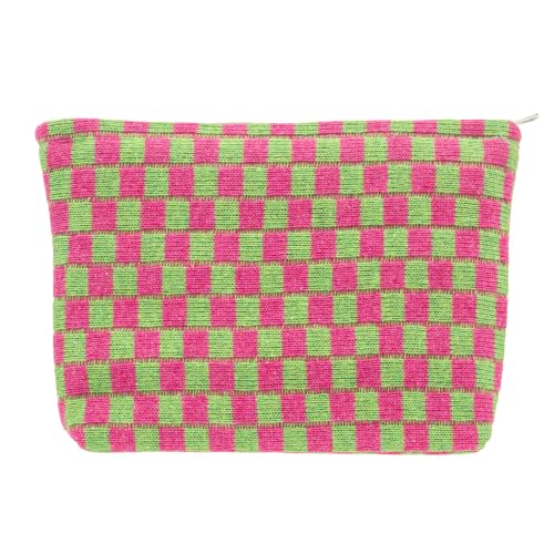 Checkered Makeup Bag for Purse, Small Flat Cosmetic Pouch,Hotpink Green