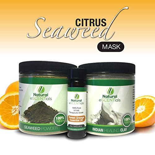 Citrus Seaweed Exfoliating Facial Mask - Seaweed Powder (8 oz), Bentonite Clay (Indian Healing Clay)(8 oz), 6-Fold Sweet Orange Essential Oil (10 ml)-Makes 20+ Masks - Great Gift for Mom or Spa Party