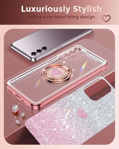 Image of XYZ for Samsung Galaxy S24 Plus Case with Stand, Galaxy S24 Plus Case with Double Ring, Women Girls Bling Luxury Glitter Clear Phone Case Cover Heart for Samsung Galaxy S24 Plus, Rose Gold