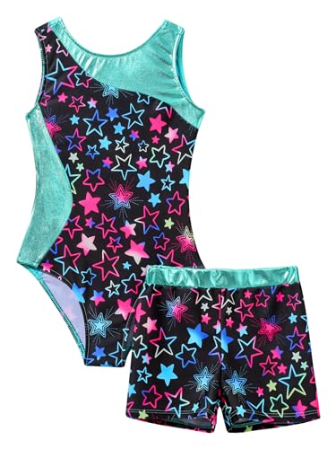 Kids Girls 2Pcs Gymnastics Outfits Sleeveless Dance Leotard with Shorts Athletic Biketard Dancewear Swimwear3