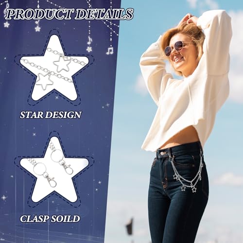 Silver Star Belt for Pants Chain,Vintage Belts for Women Gothic Punk Style Jean Skirt Chain Belt Star Layered Pocket Pants Waist Chains, Rock Hip-Hop Style Adjustable Jean Waist Wallet Chains3