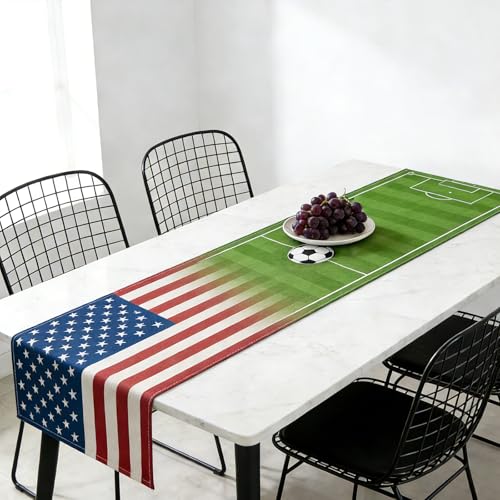 Soccer Table Runner, World Cup Soccer Party Decorations, Table Runner for Dining Table & Home Decor with USA Flag Soccer Field Pattern (70.87"×11.81")