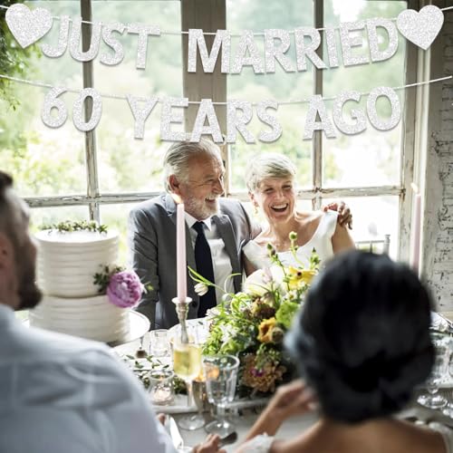 Image of 60th Wedding Anniversary Party Banner Decorations, Silver Glitter Just Married 60 Years Ago Banner, We Still Do 60th, 60 Years Blessed & Loved Decorations Supplies