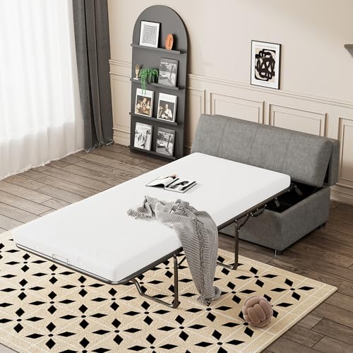 P PURLOVE Sleeper Bed, Pull Out Ottoman Bed with Mattress, Modern Chenille Folding Sleeper for Living Room, Bedroom and Small Spaces (Dark Gray)