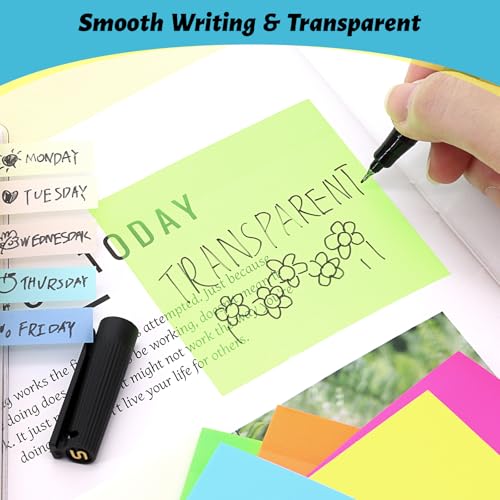 800 Sheets Transparent Sticky Notes, 3x3 Inch 14 Pads Self-Adhesive Translucent Clear See Through Post Sticky Notes for Planner Office School College Teacher Student Supplies 6 Bright Color