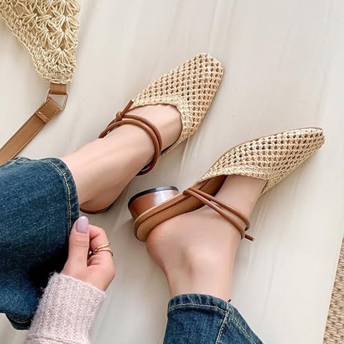 Women's Woven Low Block Heel Mules Square Closed Toe Slip On Backless Braided Heeled Sandals Dressy Summer Sandals4