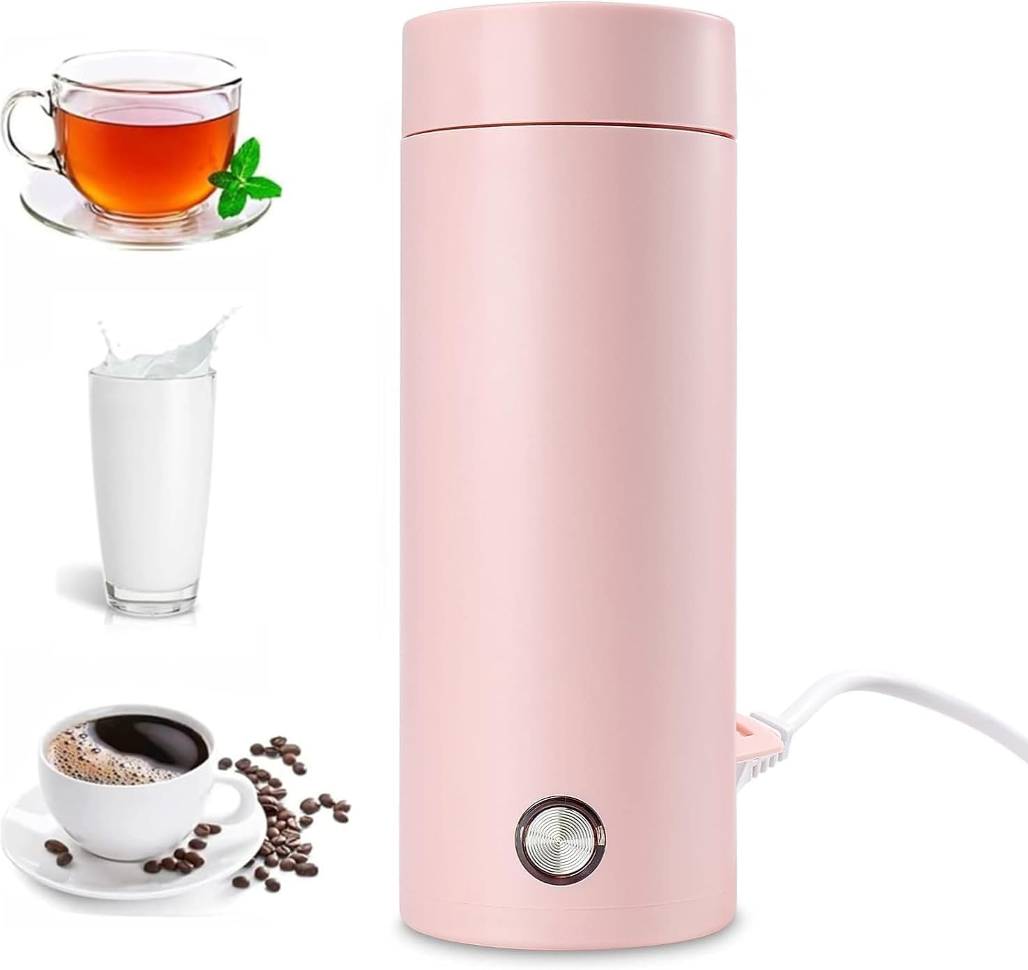 NKFOOPDU Portable Travel Kettle, 400ML 3-in-1 Electric Water Heating Cup, Fast Boil Heater Teapot Heating Mug for Tea, Coffee, Milk, Stainless Steel, Pink