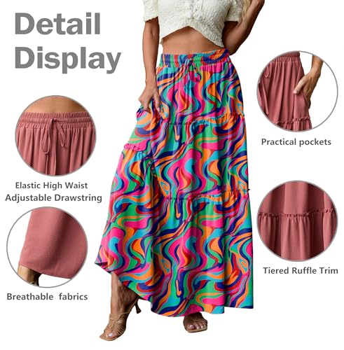 Image of Lepunuo Womens Casual Boho High Waisted Flowy Maxi Skirts Tiered Floral Long Skirts with Pockets for Summer Beach Vacation