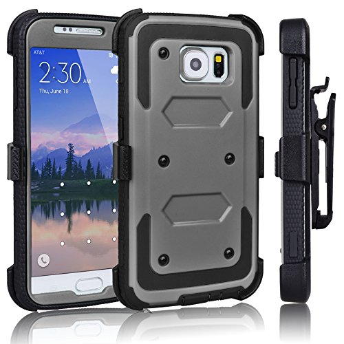 Galaxy S6 Case, Tekcoo(TM) [TShell Series] [Ash Grey] Shock Absorbing [Kickstand] Holster Locking Belt Clip Defender Heavy Duty Combo Case Cover Shell for Samsung Galaxy S6 S VI G9200 All Carriers