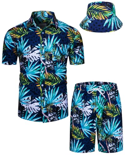 TUNEVUSE Conjunto de camisas y pantalones cortos hawaianos para hombre, 2 piezas, trajes de playa con estampado de flores, traje tropical de verano con sombreros de pescador, 14 azul, 5X Large