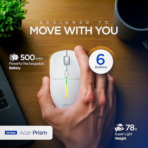 Image of Acer Prism Wireless Mouse | Dual Mode 2.4GHz & BT 5.1 | 6 Buttons with Scroll Wheel | 800 /1200 /1600 DPI | Rechargeable 500mAh Battery | Running RGB | Lightweight 73g I Windows & Mac Compatible - White