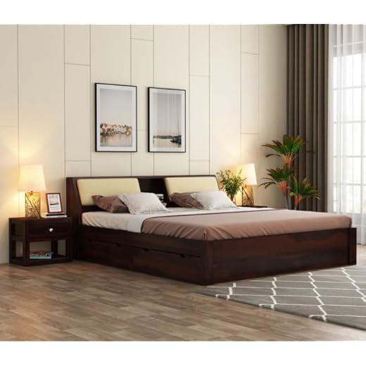 Kunjal Furniture Solid Sheesham Wood Riyon King Size Bed with 4 Drawer Storage for Modern Bedroom Furniture (Walnut Finish) (Design-1)