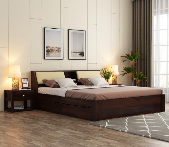 Kunjal Furniture Solid Sheesham Wood Bed with Headboard & Box Storage - Handcrafted Wooden Bed for Bedroom - Ideal for Home (Flyding Slant 4-Drawer Walnut, King)
