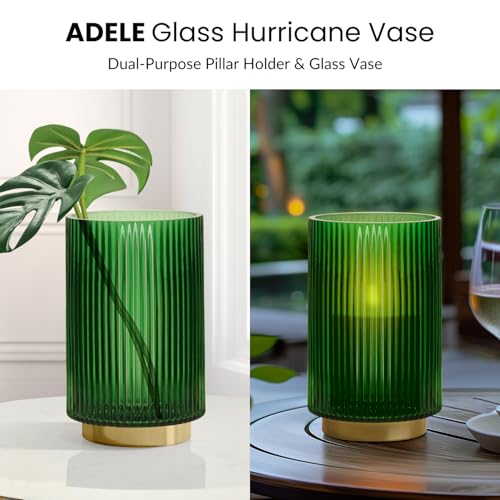 Torre & Tagus Adele Vaso de vidro verde esmeralda com base de metal dourado - Vaso cilíndrico de vid