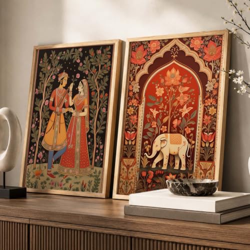 Image of kotart Traditional Indian Wall Art Painting Set of 2 | Rajasthani Folk Couple & Elephant Floral Design | MDF Wooden Framed Wall Decor for Living Room, Bedroom & Home (Art 1, 25x37 Inch)