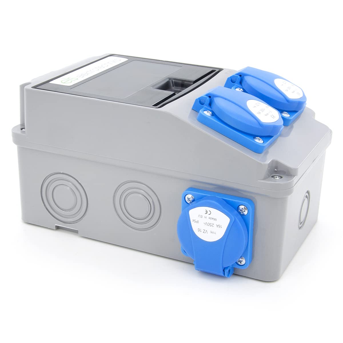 ELS Elektrotechnika - Distribuidor de enchufes para construcción, de pared, 4 Schuko, 230 V, 4 disyuntores C16, listo para conectar, cableado, para interior y exterior, talleres y fábricas, IP54