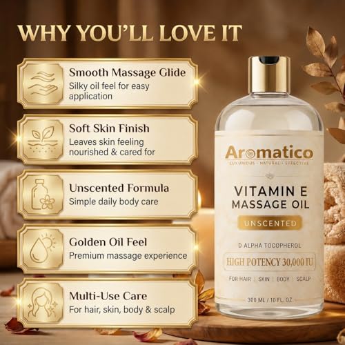 Image of AROMATICO Vitamin E Massage Oil 30,000 IU Unscented - Carrier Oil for Massage with Pure & Natural Alpha-D-Tocopherol, Almond & Jojoba for Deep Nourishment & Stretch Marks | 300ml