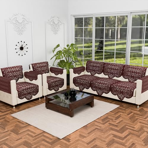 Image of Kuber Industries (Set of 16) Stylish & Durable Cotton Sofa Covers 5 Seater with Arms | Washable Sofa Protector & Slipcover for Living Room & Office | Plain Circle - Brown