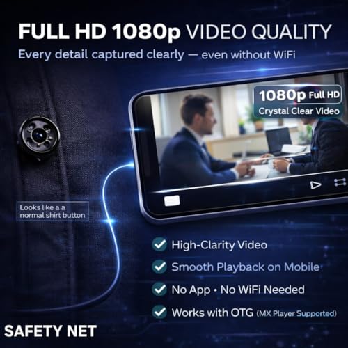 Image of SAFETYNET Non-WiFi Button Style Mini Camera | Full HD 1080P Video Recording | Standalone Body-Worn Camera | 32GB Support | 2-3 Hours Battery Backup | Type-C Charging | Compact & Portable Design