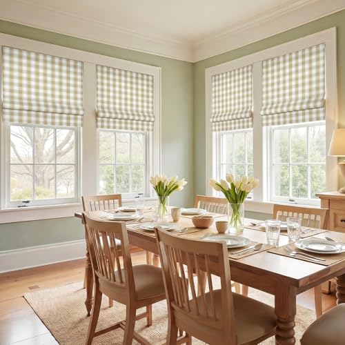Image of TWOPAGES No Drill Cordless Buffalo Check Roman Shades Roman Blinds for Kitchen Windows, Customized Room Darkening Country Plaid Blinds Farmhouse Shades, Khaki Bordered Plaid, 1 Piece